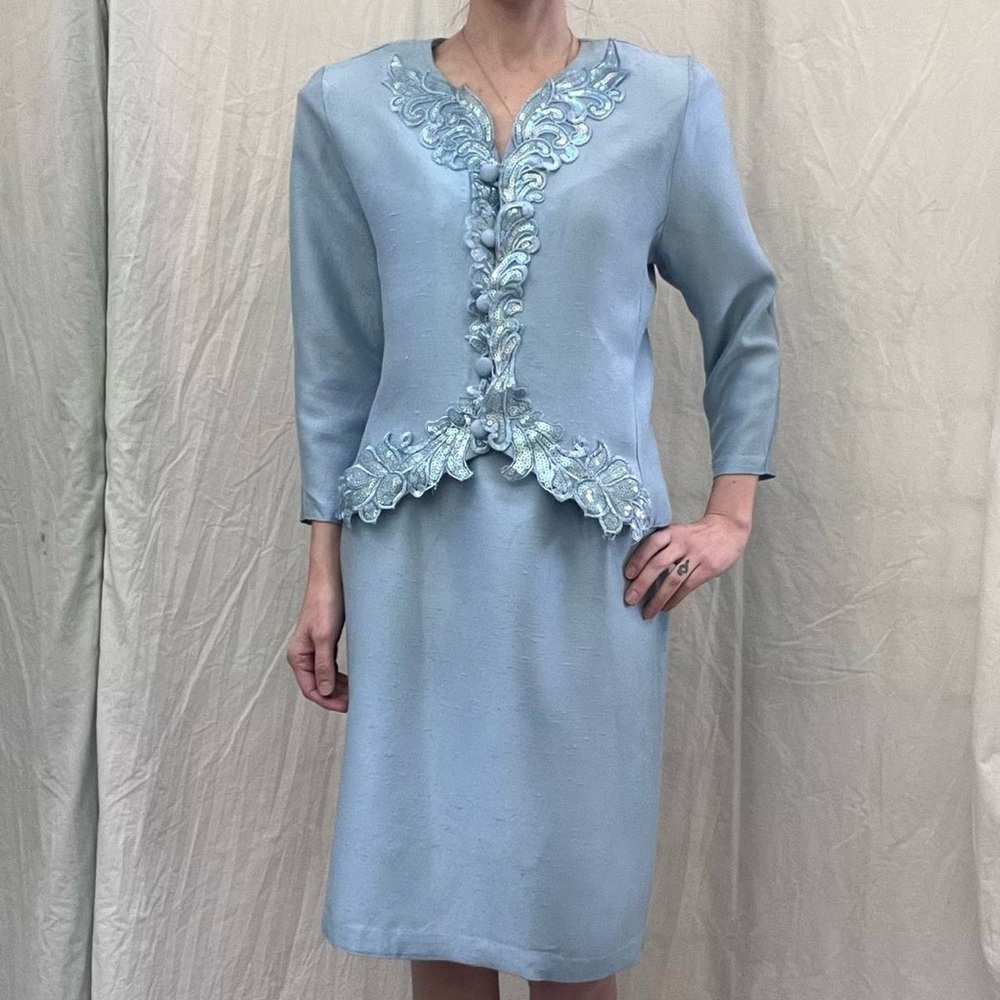 Powder Blue Skirt & Sequined Appliqué‎ Jacket Set Vintage 80s Zeeba NY size S/M
